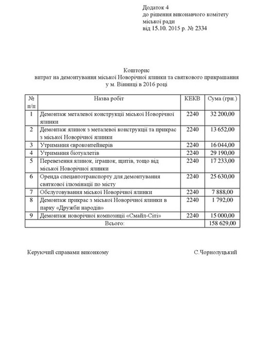 кошториси витрат на встановлення та демонтаж новорічної ялинки і прикрас у Вінниці фото